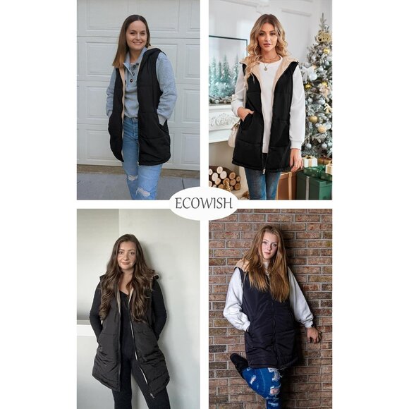 Women Long Puffer Vest: Fall Zip up Reversible Fleece Jacket 2025 Winter Warm Sl - Picture 6 of 7
